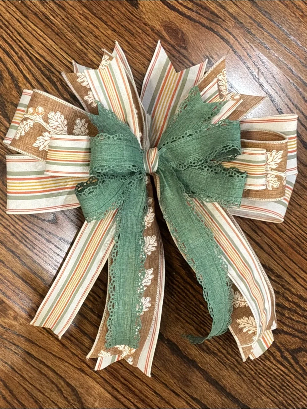 Green & Brown Striped Holiday Bow - Decorative Wreath Accent